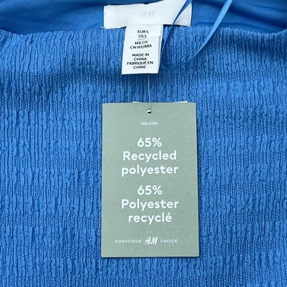 H&M Shirt Womens Small Blue Puff Sleeve Textured Long Sleeve Square Neck NWT - Picture 2 of 7